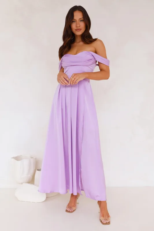 Golden Affair Off Shoulder Satin Maxi Dress Lilac sold by Hello Molly