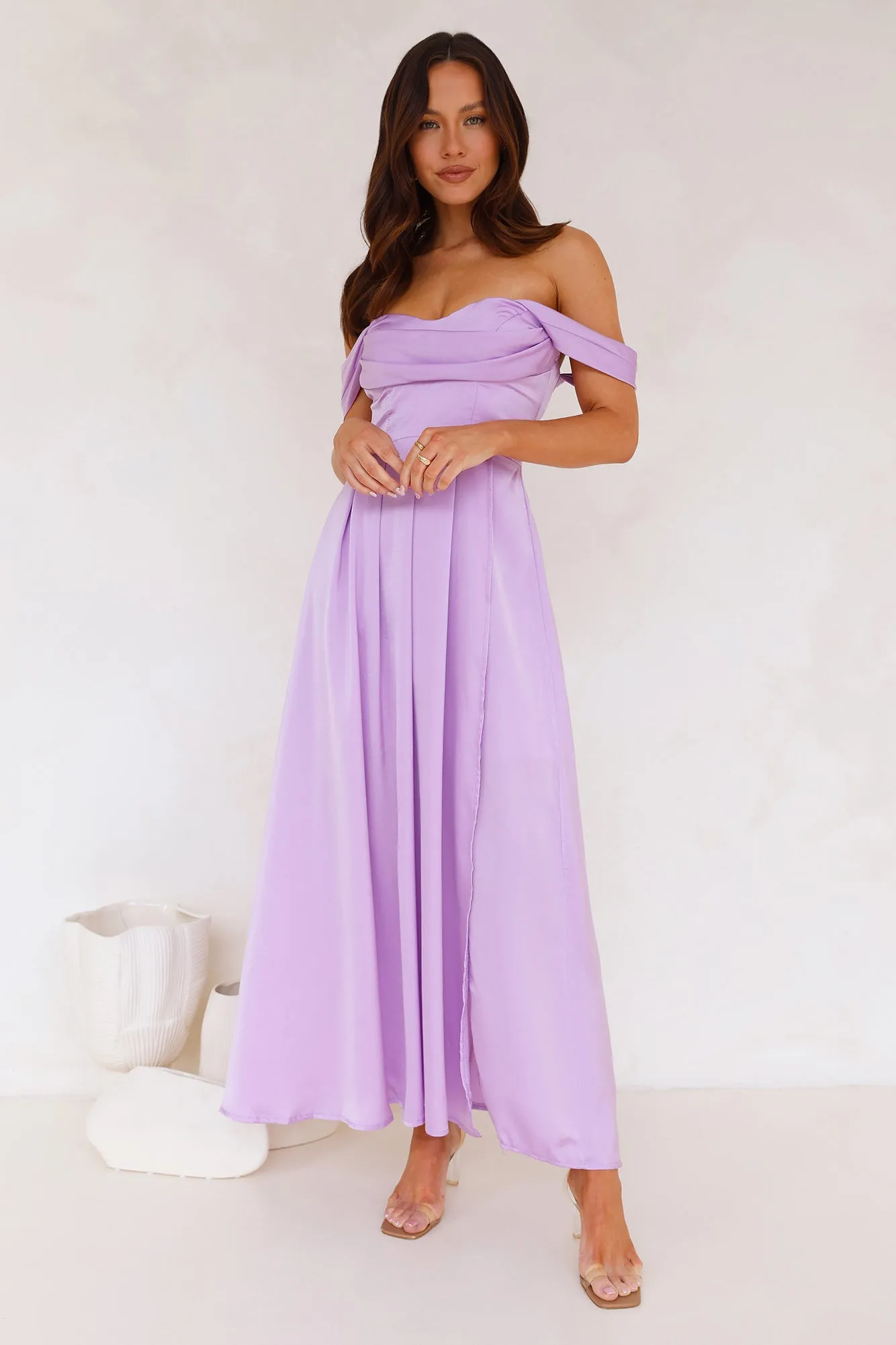 Golden Affair Off Shoulder Satin Maxi Dress Lilac sold by Hello Molly