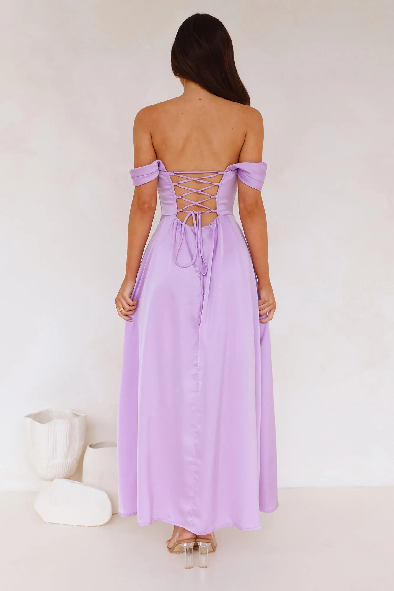 Golden Affair Off Shoulder Satin Maxi Dress Lilac sold by Hello Molly product image thumbnail 5