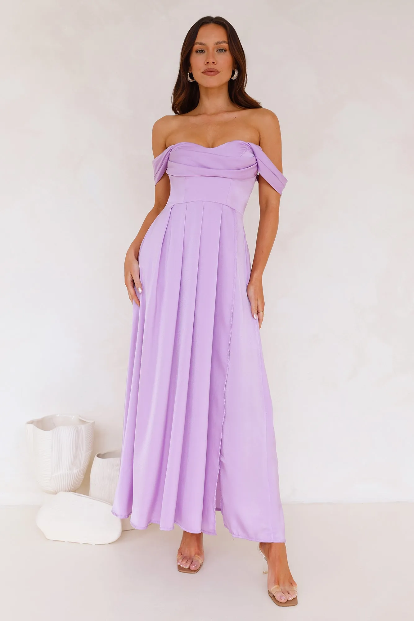 Golden Affair Off Shoulder Satin Maxi Dress Lilac sold by Hello Molly product image thumbnail 2