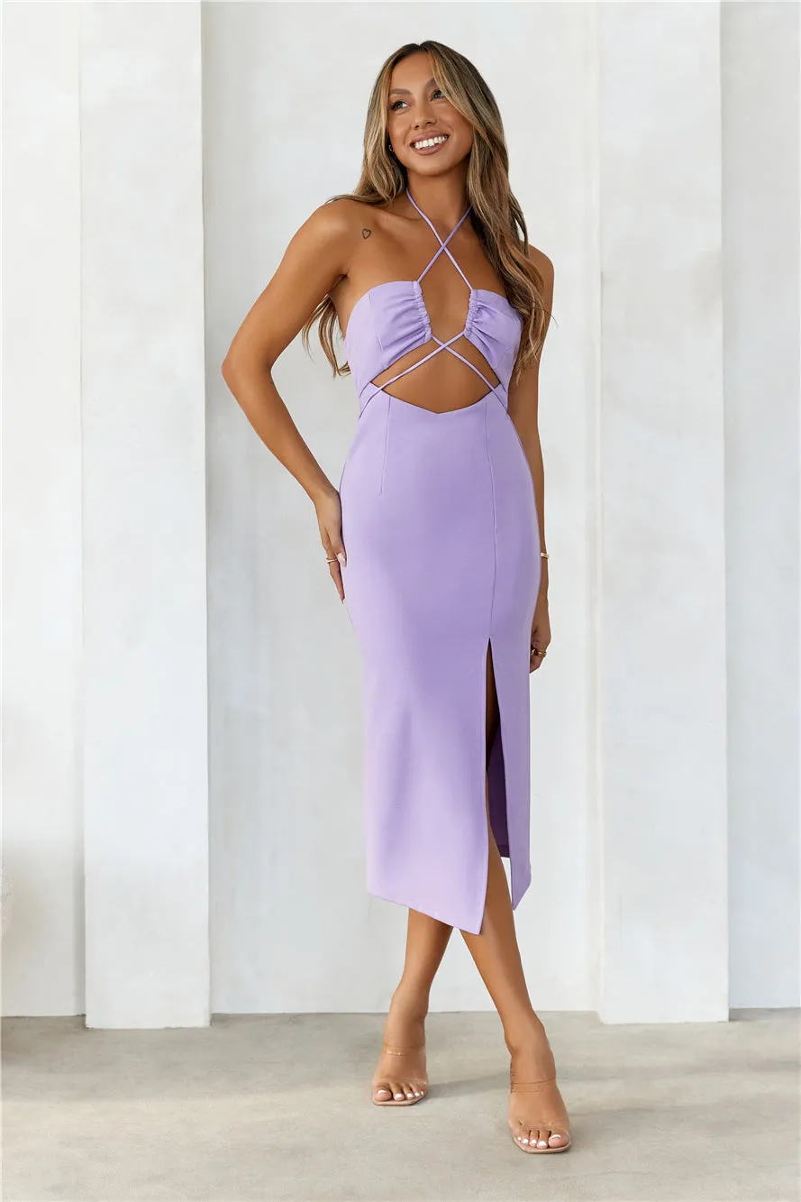 HELLO MOLLY Stolen Attention Halter Midi Dress Lilac sold by Hello Molly