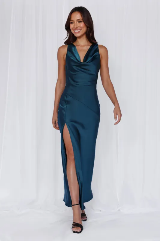 HELLO MOLLY The Loretta Cowl Satin Maxi Dress Teal sold by Hello Molly