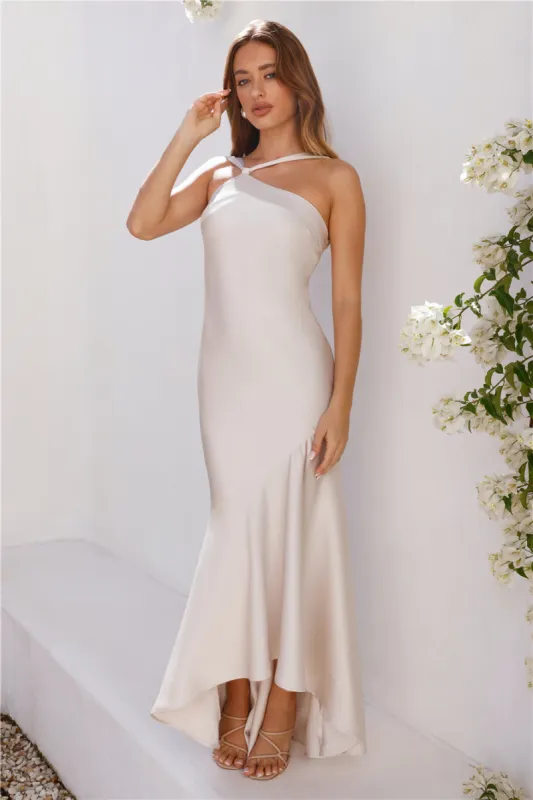 Romantic Affair Satin One Shoulder Maxi Dress Champagne sold by Hello Molly