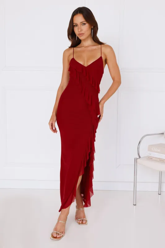 Flaunt It Girl Frill Mesh Maxi Dress Wine sold by Hello Molly