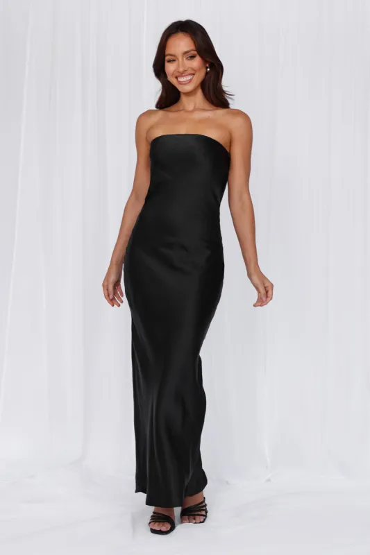 HELLO MOLLY The Felicity Strapless Satin Maxi Dress Black sold by Hello Molly