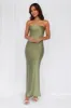 HELLO MOLLY The Felicity Strapless Satin Maxi Dress Olive sold by Hello Molly