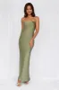 HELLO MOLLY The Felicity Strapless Satin Maxi Dress Olive sold by Hello Molly