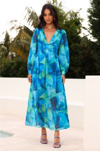 Spring Waterfall Long Sleeve Maxi Dress Blue sold by Hello Molly