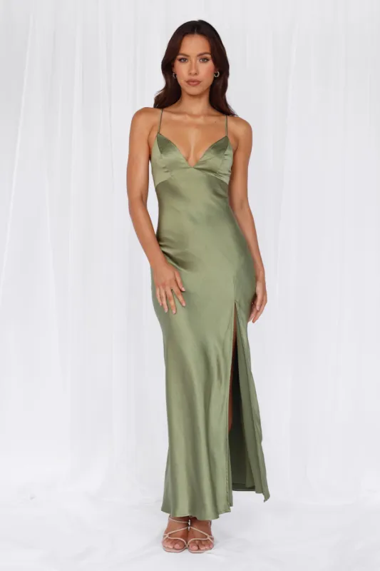 HELLO MOLLY The Sophia Satin Maxi Dress Olive sold by Hello Molly