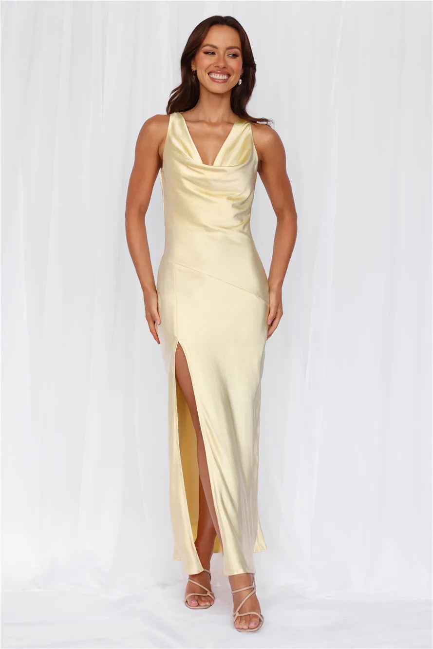 HELLO MOLLY The Loretta Cowl Satin Maxi Dress Yellow sold by Hello Molly