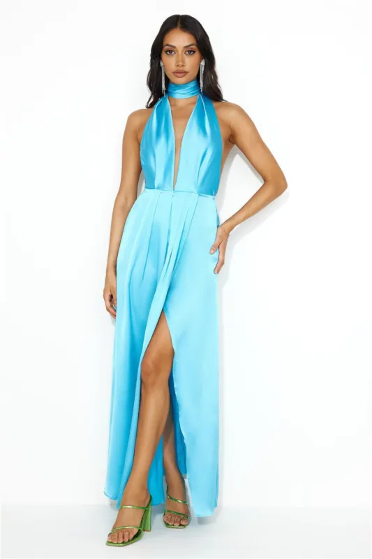 Exciting Event Satin Maxi Dress Blue sold by Hello Molly