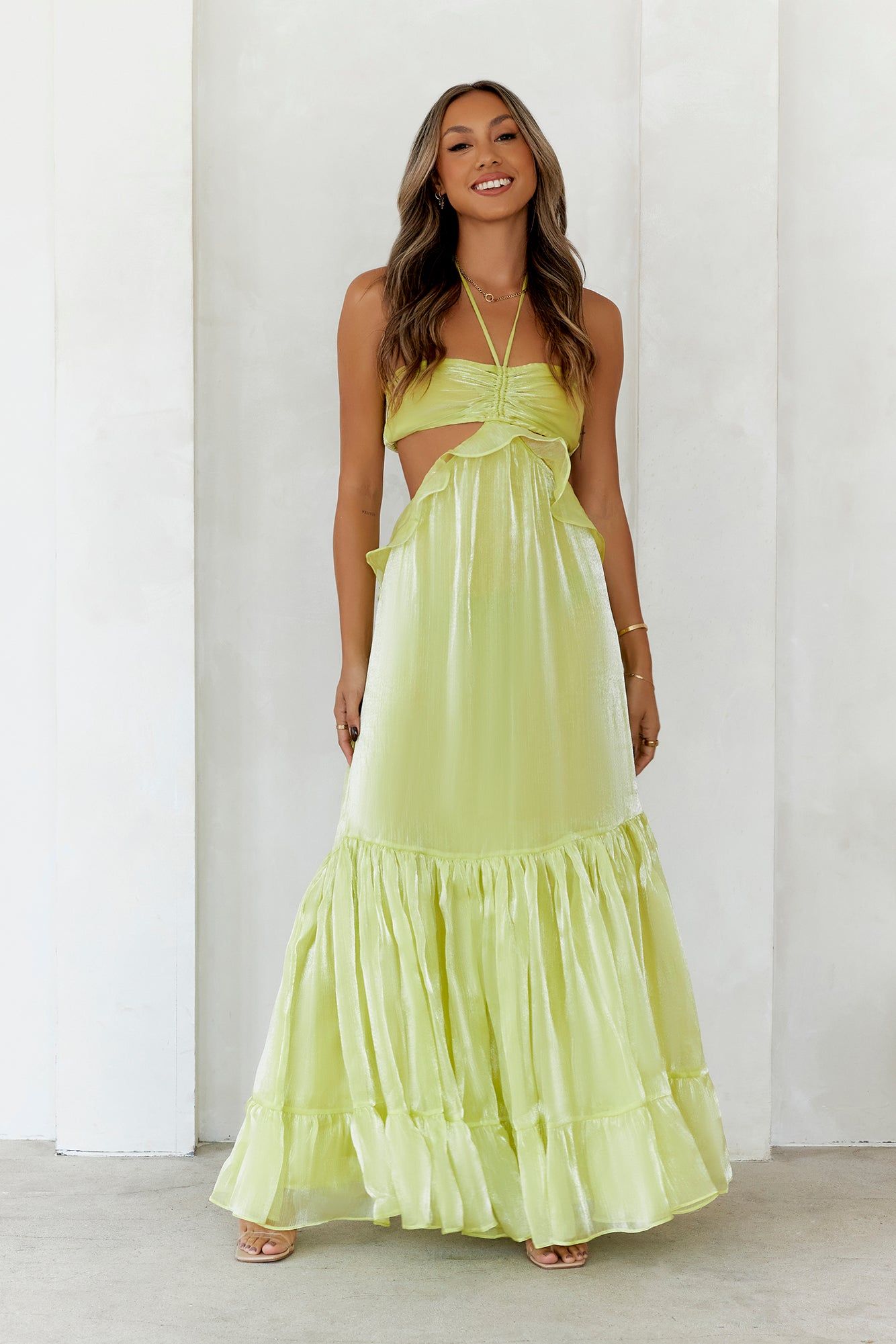 Enchanted Woods Halter Maxi Dress Lime sold by Hello Molly
