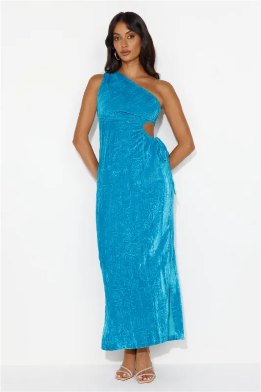 Universe Moons One Shoulder Velvet Maxi Dress Blue sold by Hello Molly