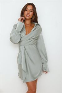 Days Of Love Long Sleeve Satin Mini Dress Sage sold by Hello Molly