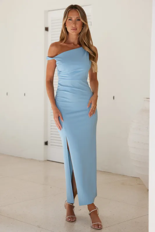 Move Me Off Shoulder Maxi Dress Blue sold by Hello Molly