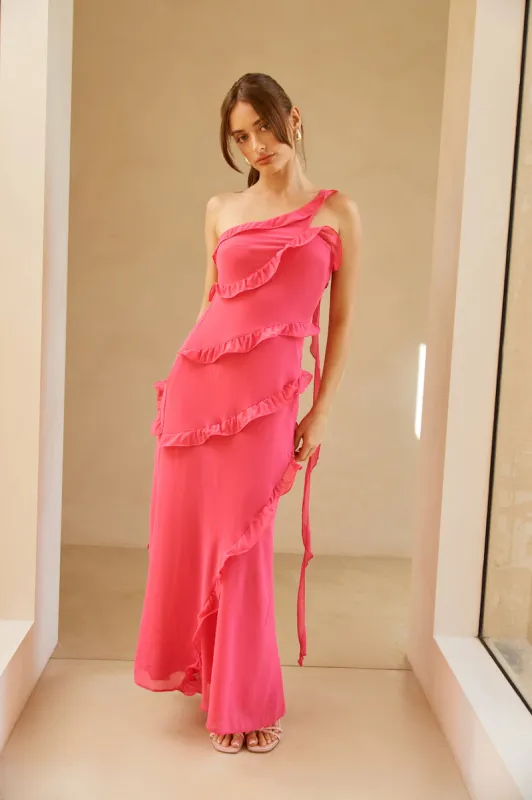 Evening Rose One Shoulder Midi Dress Pink sold by Hello Molly
