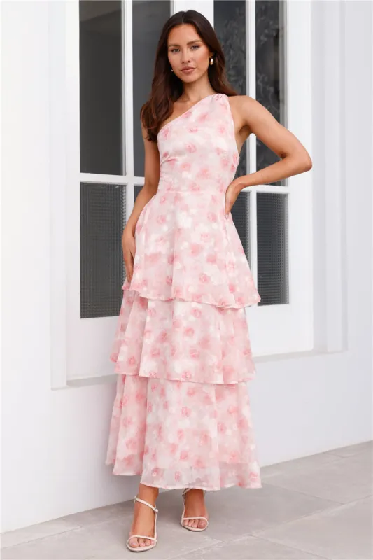 Whispering Waters One Shoulder Maxi Dress Pink sold by Hello Molly