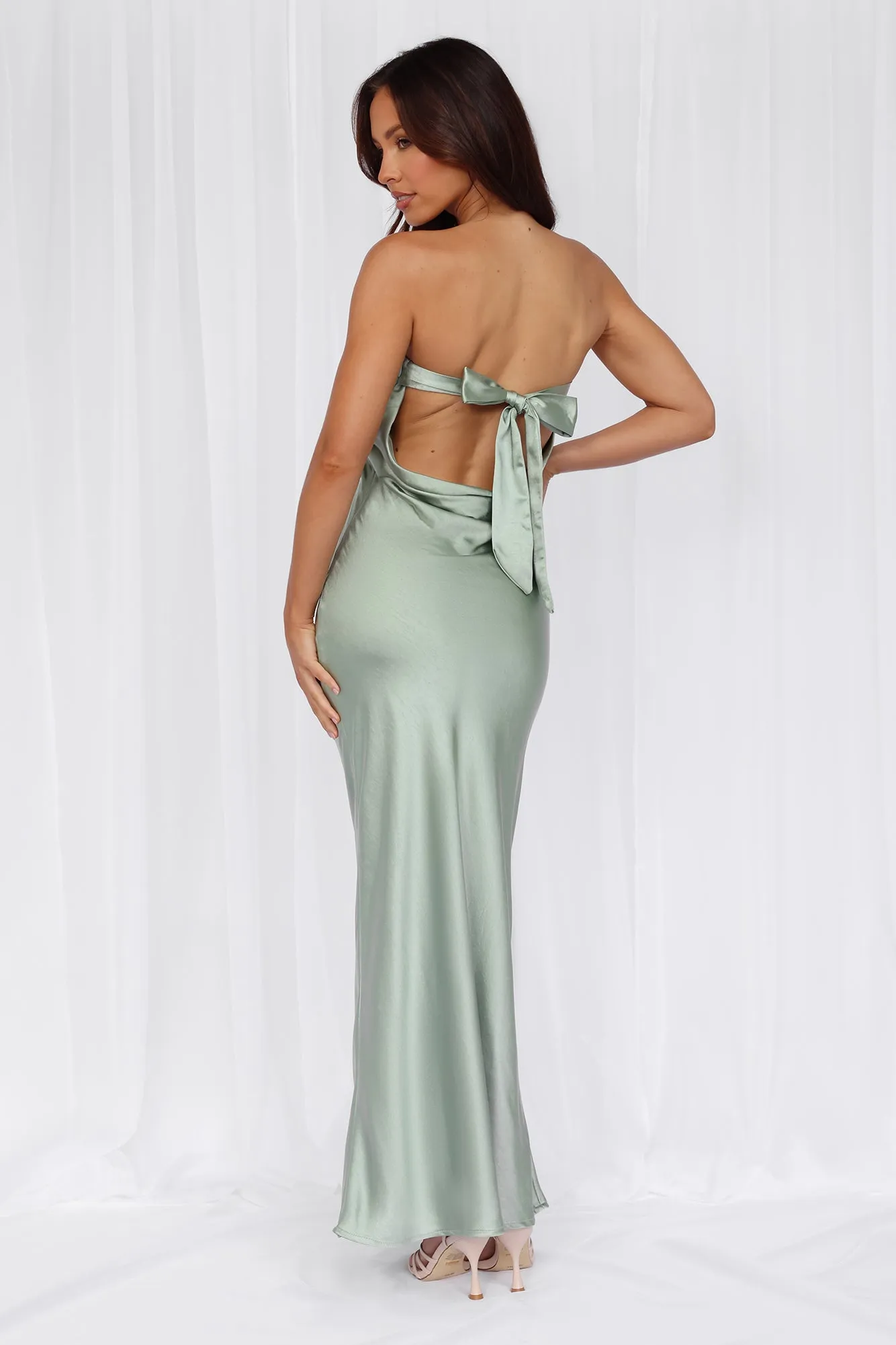 HELLO MOLLY The Felicity Strapless Satin Maxi Dress Sage sold by Hello Molly product image thumbnail 5