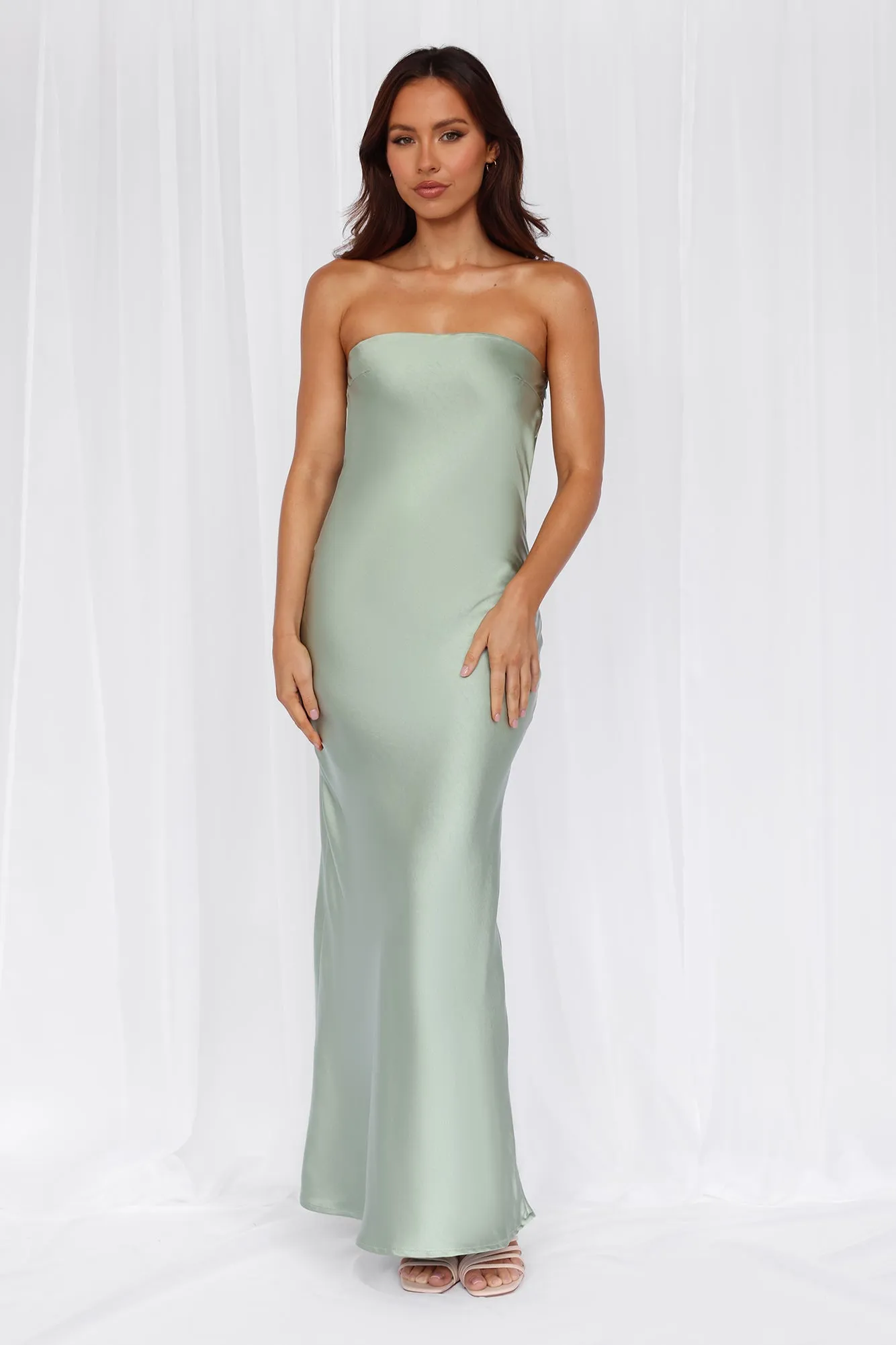HELLO MOLLY The Felicity Strapless Satin Maxi Dress Sage sold by Hello Molly product image thumbnail 3