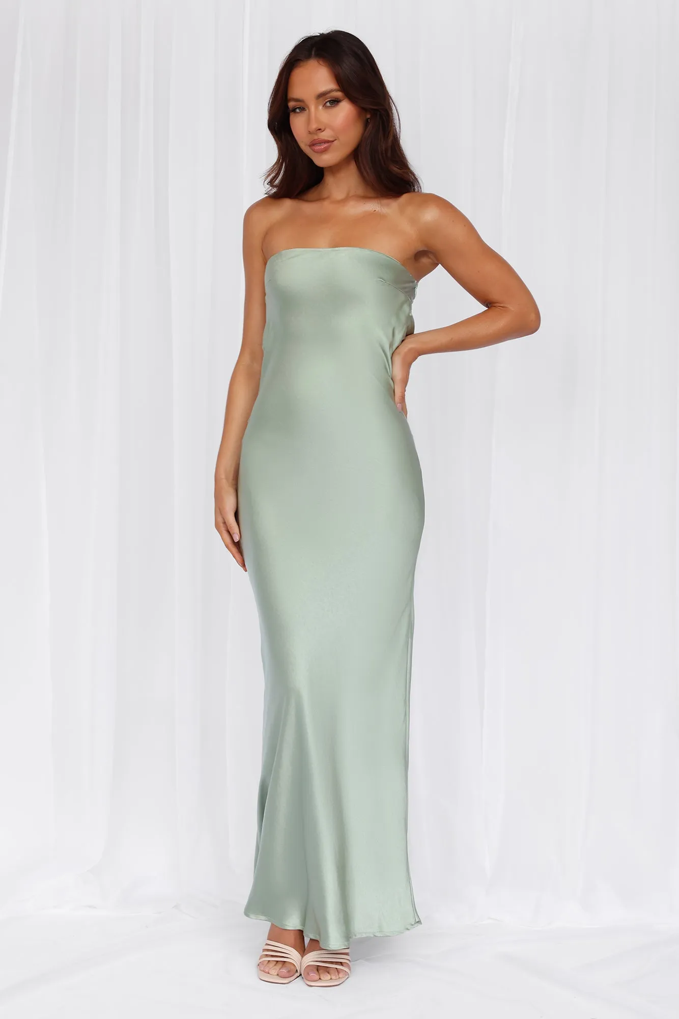 HELLO MOLLY The Felicity Strapless Satin Maxi Dress Sage sold by Hello Molly