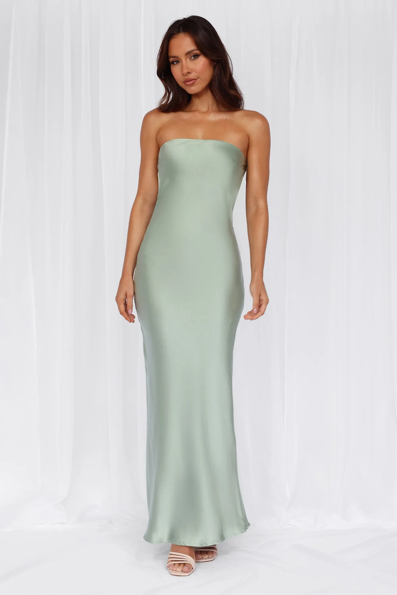 HELLO MOLLY The Felicity Strapless Satin Maxi Dress Sage sold by Hello Molly product image thumbnail 4