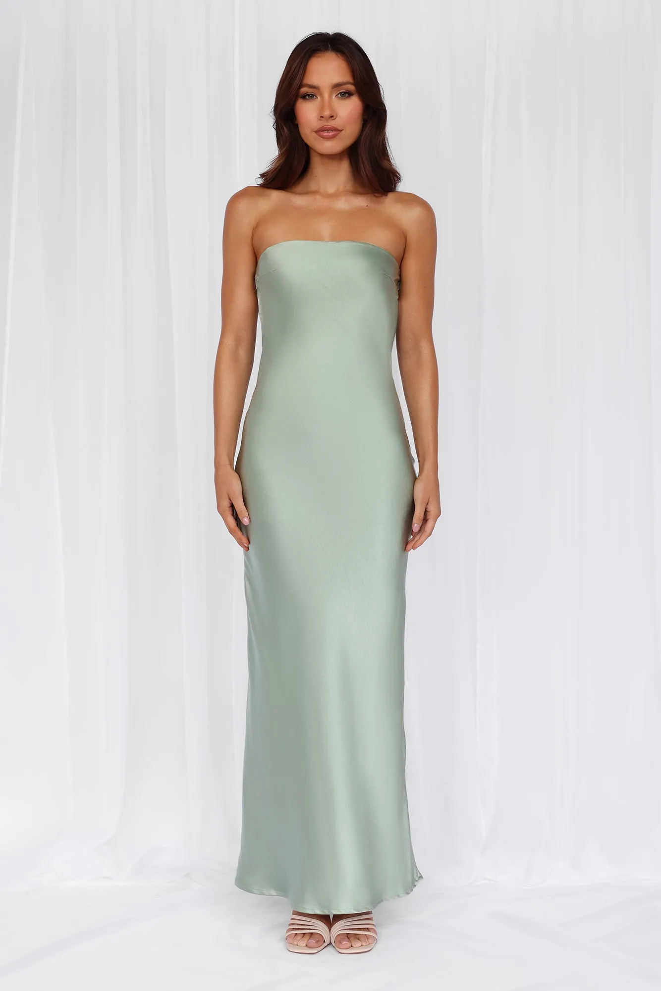 HELLO MOLLY The Felicity Strapless Satin Maxi Dress Sage sold by Hello Molly product image thumbnail 2
