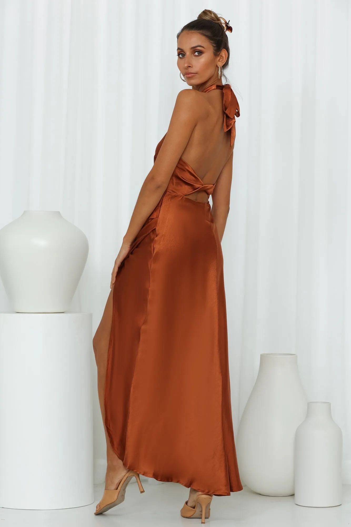 Light Minds Satin Midi Dress Chocolate sold by Hello Molly product image thumbnail 4