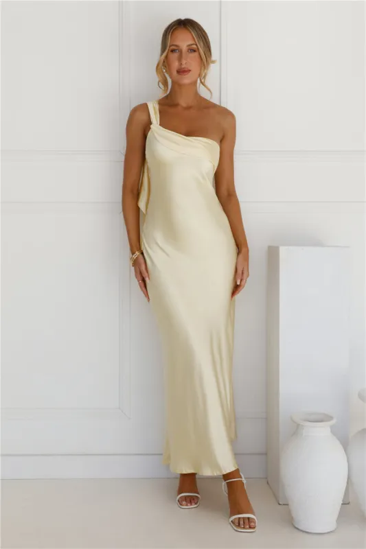 Romantic Tales Satin One Shoulder Maxi Dress Yellow sold by Hello Molly