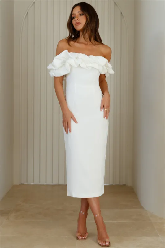 Idolise Off Shoulder Frill Midi Dress White sold by Hello Molly