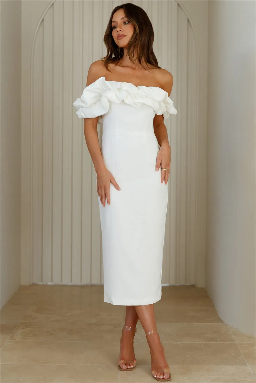 Idolise Off Shoulder Frill Midi Dress White sold by Hello Molly