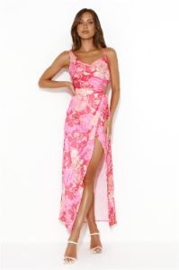 Middle Of The Catwalk Satin Maxi Dress Pink sold by Hello Molly