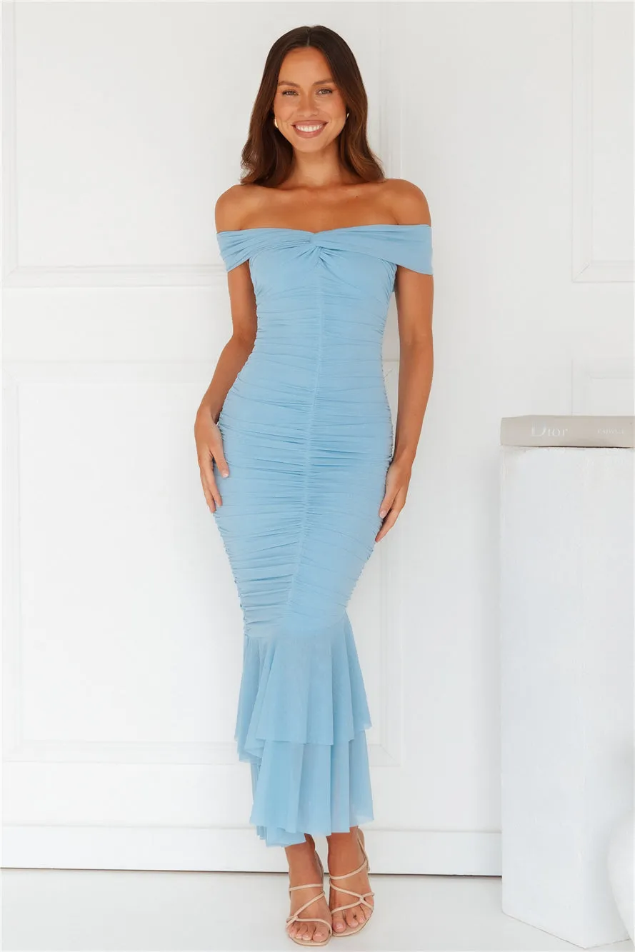Tanisha Off Shoulder Mesh Midi Dress Blue sold by Hello Molly