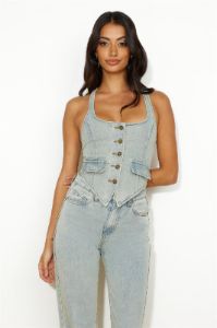 LIONESS NYC Halter Top Light Denim sold by Hello Molly