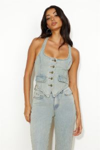LIONESS NYC Halter Top Light Denim sold by Hello Molly