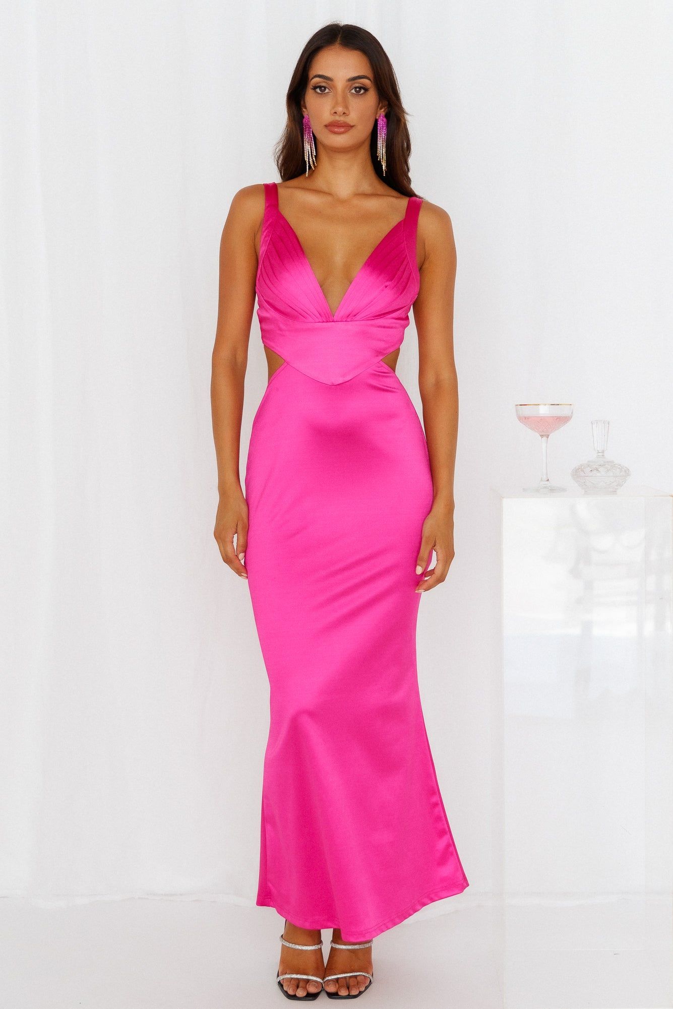 Sunset Views Satin Midi Dress Hot Pink sold by Hello Molly