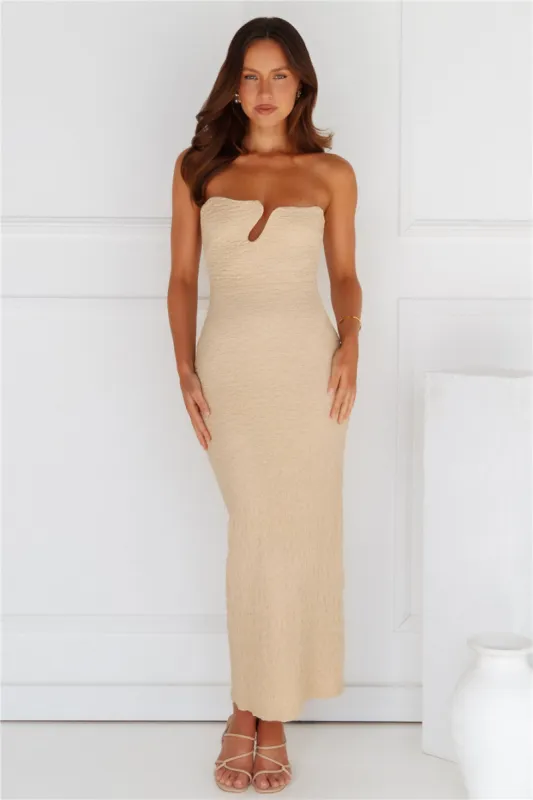 Majestic Heights Strapless Midi Dress Beige sold by Hello Molly