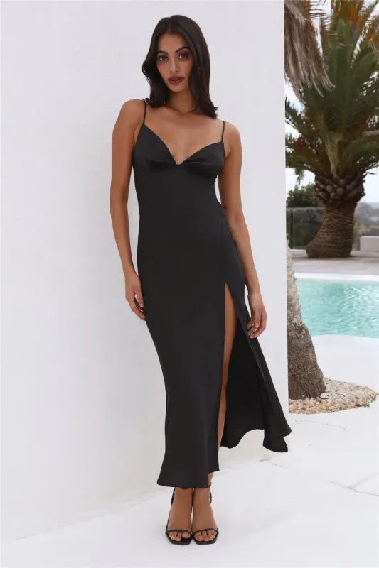 Seen At The Ball Satin Midi Dress Black sold by Hello Molly