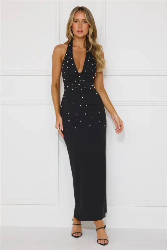 Ocean Beauty Halter Pearl Maxi Dress Black sold by Hello Molly