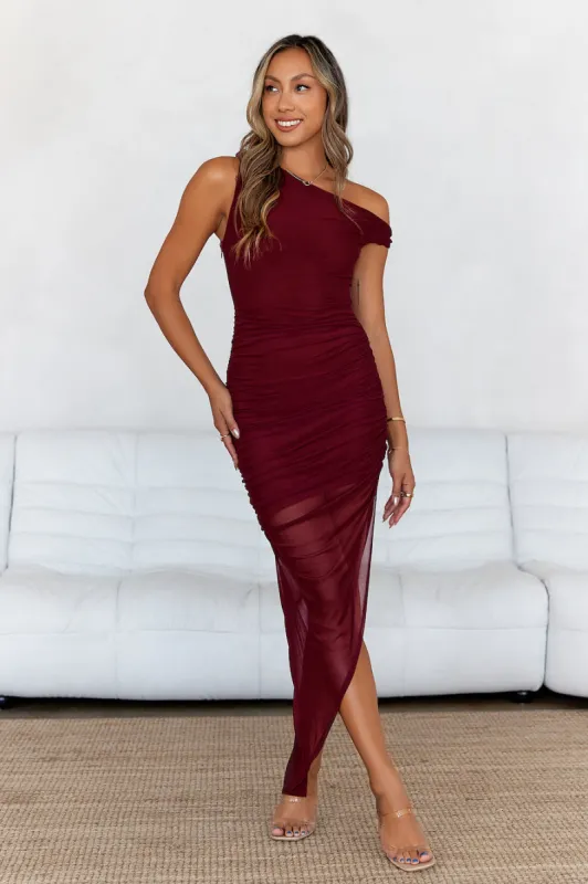 HELLO MOLLY Party Style Mesh Off Shoulder Midi Dress Wine sold by Hello Molly
