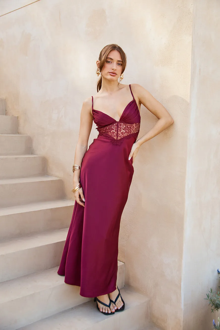 Lovers Engagement Silk Maxi Dress Burgundy sold by Hello Molly