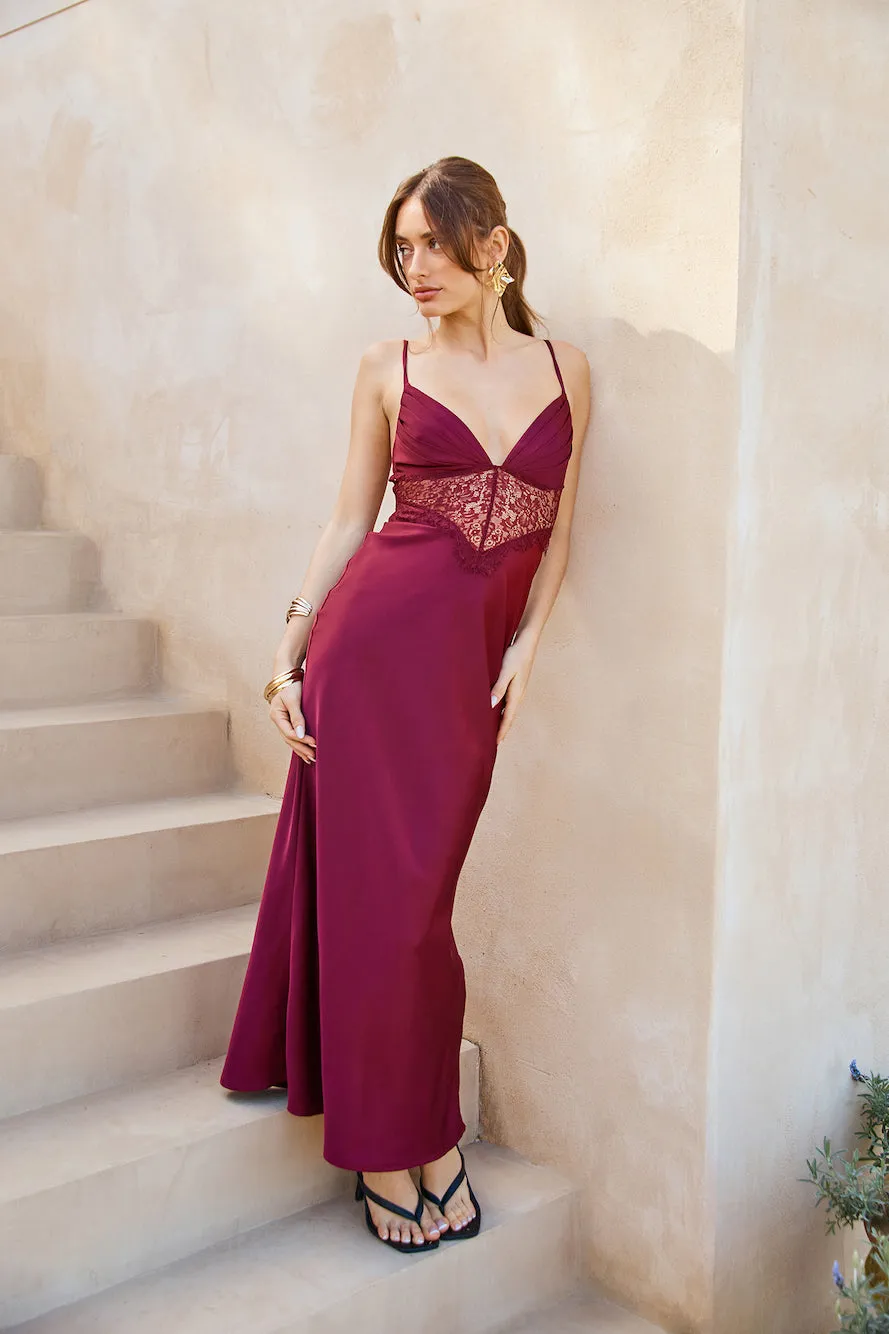 Lovers Engagement Silk Maxi Dress Burgundy sold by Hello Molly product image thumbnail 2