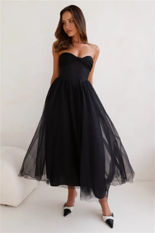 Worthy Of Diamonds Strapless Tulle Midi Dress Black sold by Hello Molly