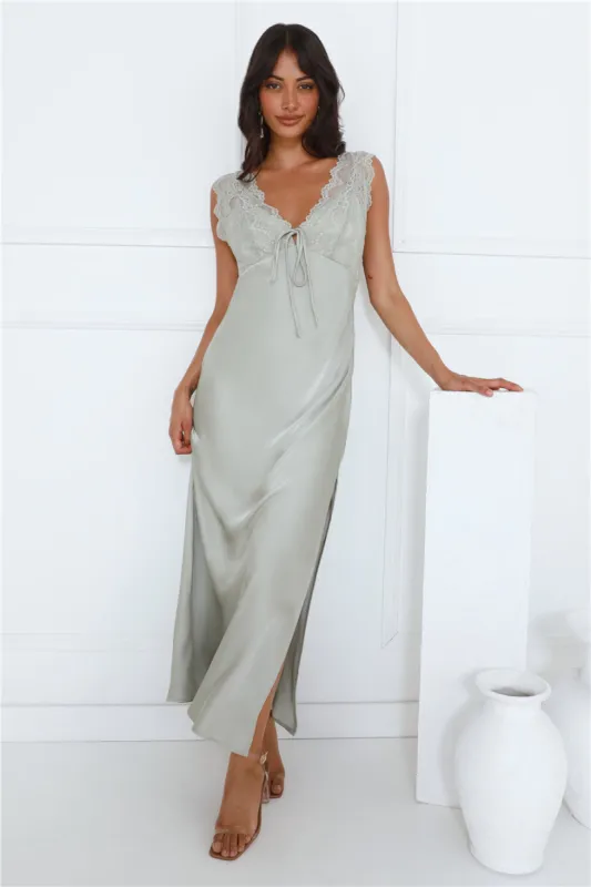Gorgeous Vision Satin Lace Maxi Dress Sage sold by Hello Molly