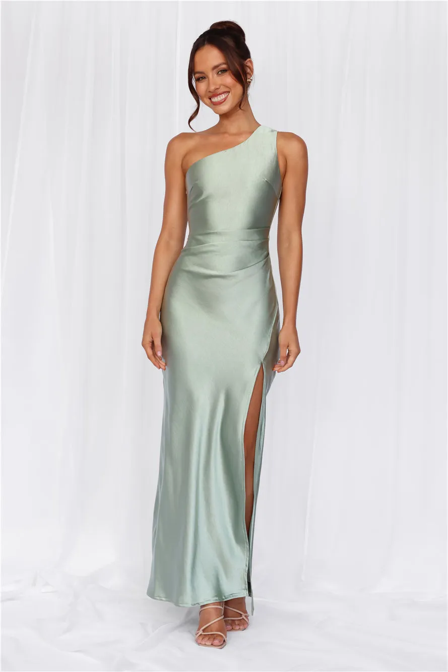 HELLO MOLLY The Aurora One Shoulder Satin Maxi Dress Sage sold by Hello Molly
