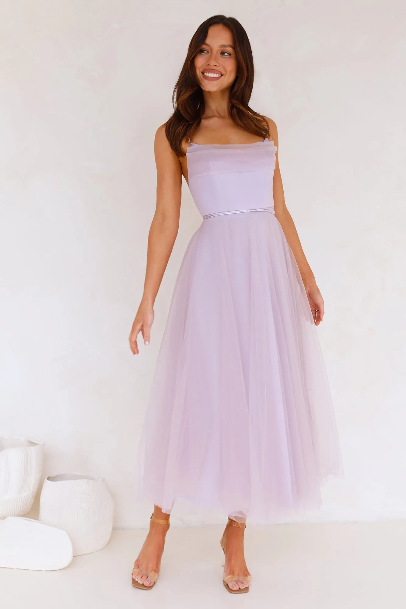 Signal My Way Tulle Midi Dress Lilac sold by Hello Molly