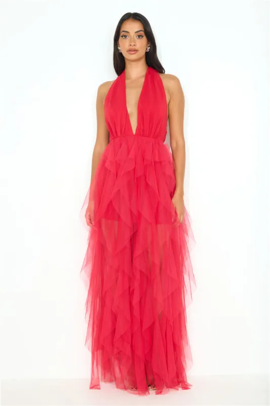 Prideful Halter Tulle Maxi Dress Red sold by Hello Molly