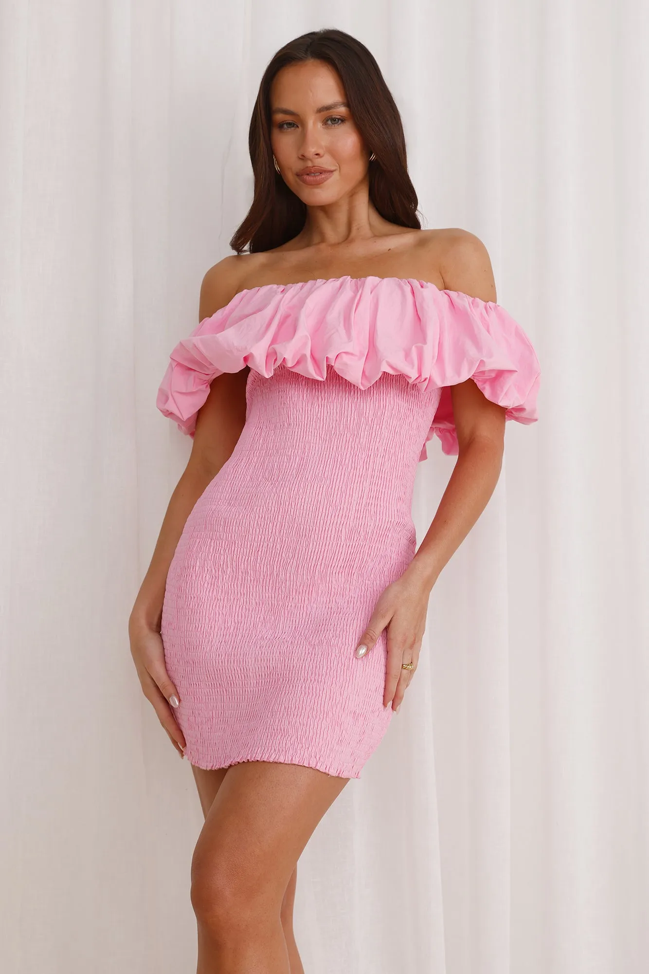 Bubblegum Off Shoulder Mini Dress Pink sold by Hello Molly product image thumbnail 4