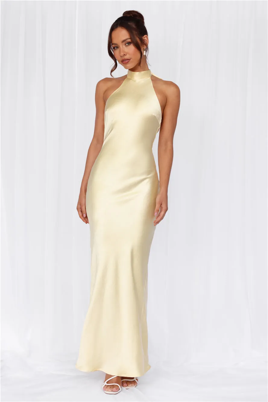 HELLO MOLLY The Cleo Halter Satin Maxi Dress Yellow sold by Hello Molly