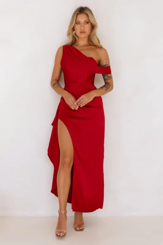 Nightfall Event Off Shoulder Satin Maxi Dress Red sold by Hello Molly