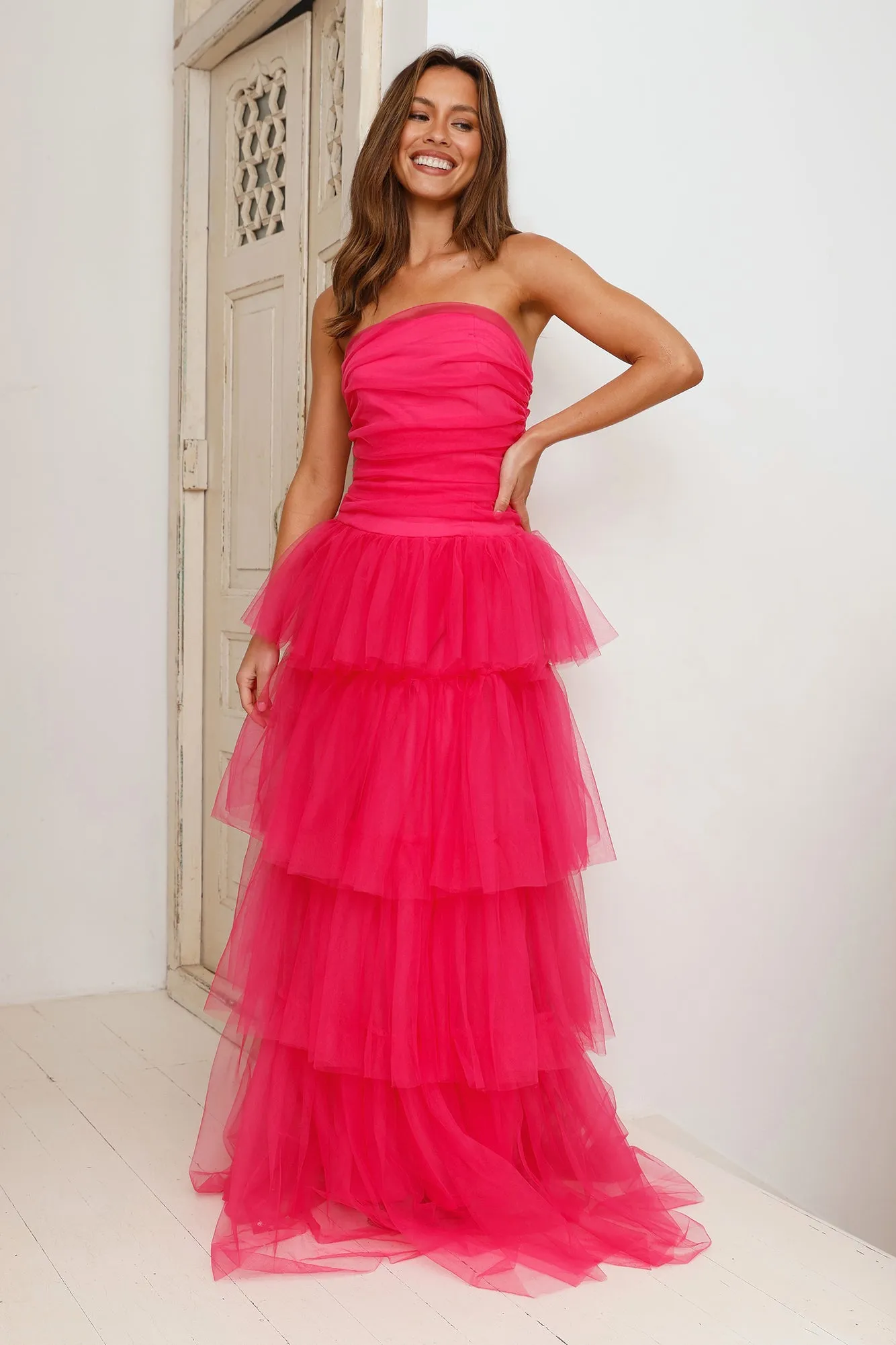 HELLO MOLLY Hidden Opal Strapless Tulle Maxi Dress Hot Pink sold by Hello Molly product image thumbnail 4